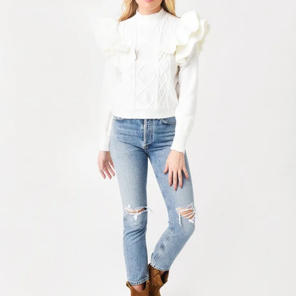 BB DAKOTA by STEVE MADDEN NWT Ruffle Cable KNit Long Sleeve Sweater - Picture 3 of 5